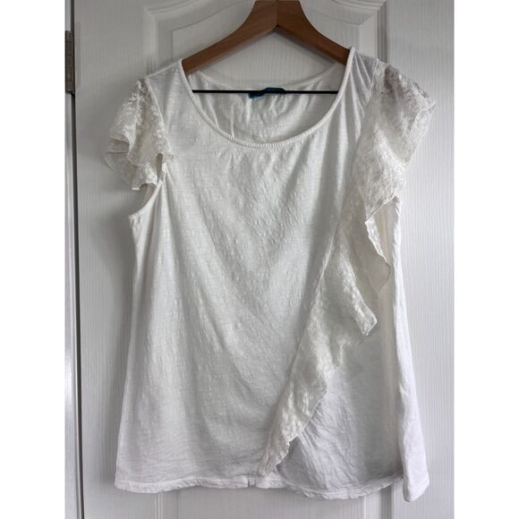 Velvet by Graham & Spencer Women's Lace Ruffle Tee Cotton Silk Top White Size L - Picture 1 of 10